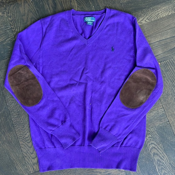 Polo Purple V-neck Sweater with Brown Suede Elbow Patches - Picture 1 of 4